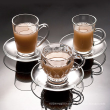 Haonai eco-friendly clear glass coffee set glass tea cup with saucer for tea ,coffee